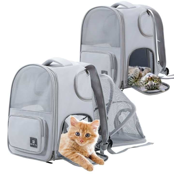 Állatszállító hátizsák, Wobell, Akár 6 kg-ig, Légáteresztő hálós fal, Erősített matrac, Fényvisszaverő elemek a hevedereken, Méret: 33 cm x 27 cm x 39 cm (Zárva) és 33 cm x 60 cm x 39 cm (Kinyitva), Szürke