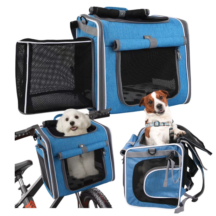 Kisállathordozó, 5,5 kg-ig, Válltáska, Autósülés, 4 az 1-ben, Szett kefével és egészségügyi betéttel, Kék, Fekete