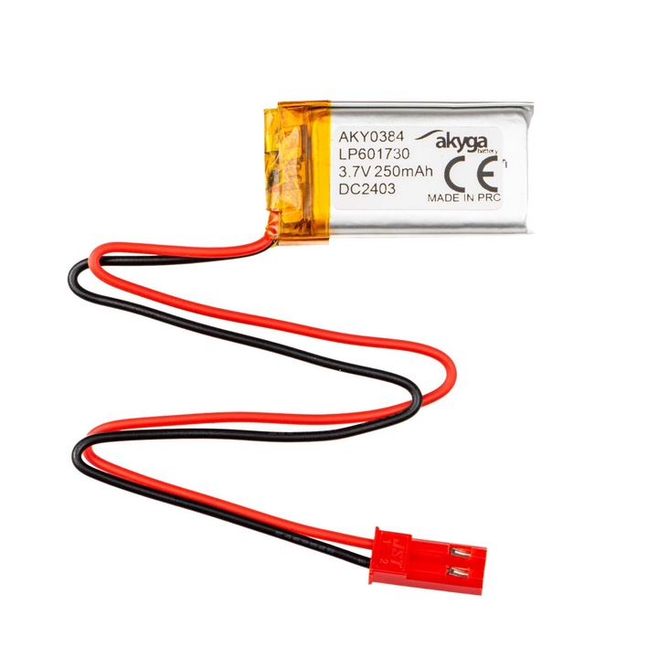 Baterie Li-Po Akyga LP601730 3.7V 250mAh cu conector JST 2 pini 150mm