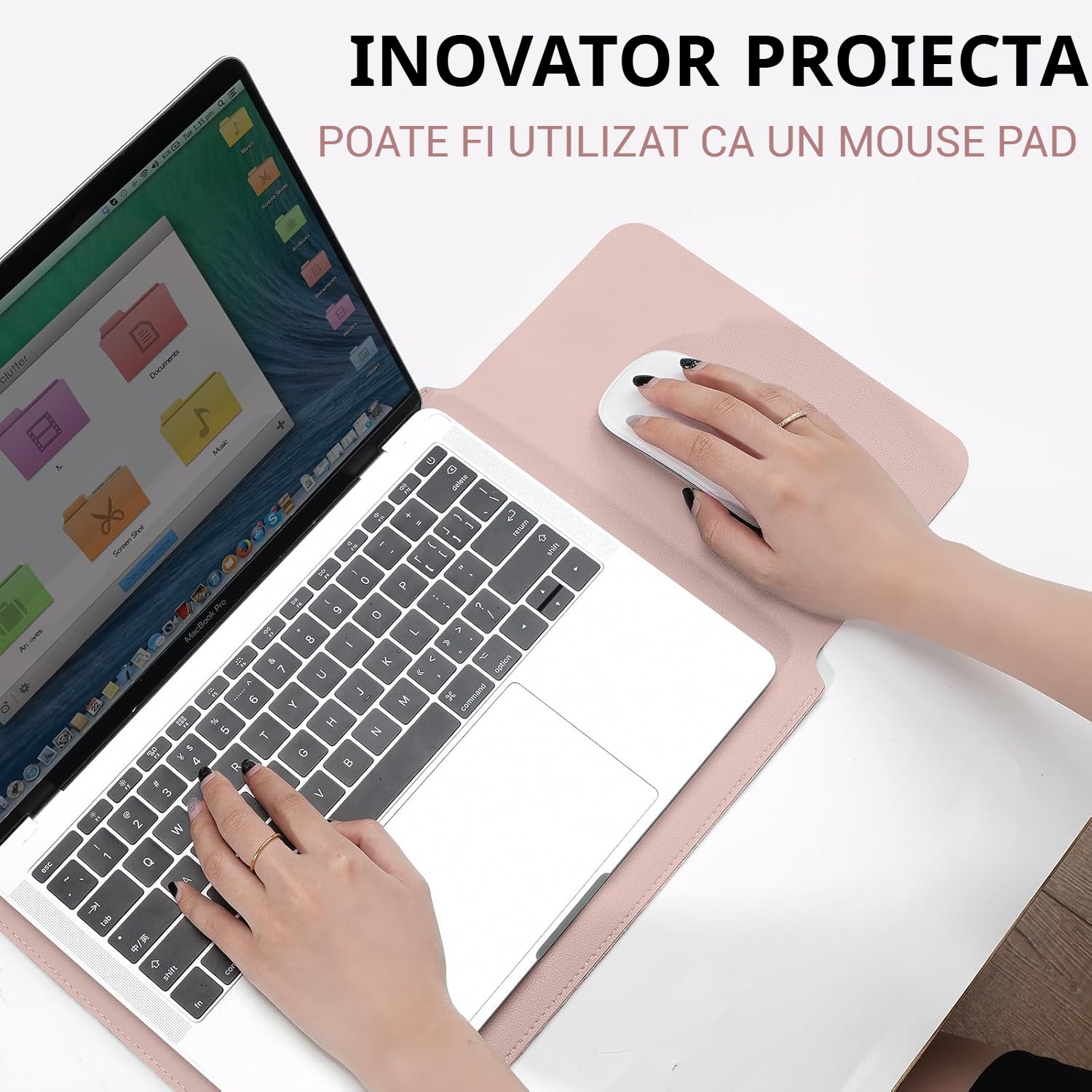 Husa pentru MacBook Pro/Air sau Laptop 13 Sleeve din piele PU premium cu mouse-pad inclus, Fudisenn®, 13.3/14 inchi, Cu geanta de depozitare pentru accesorii, Rezistenta la apa, 345*253mm, Roz