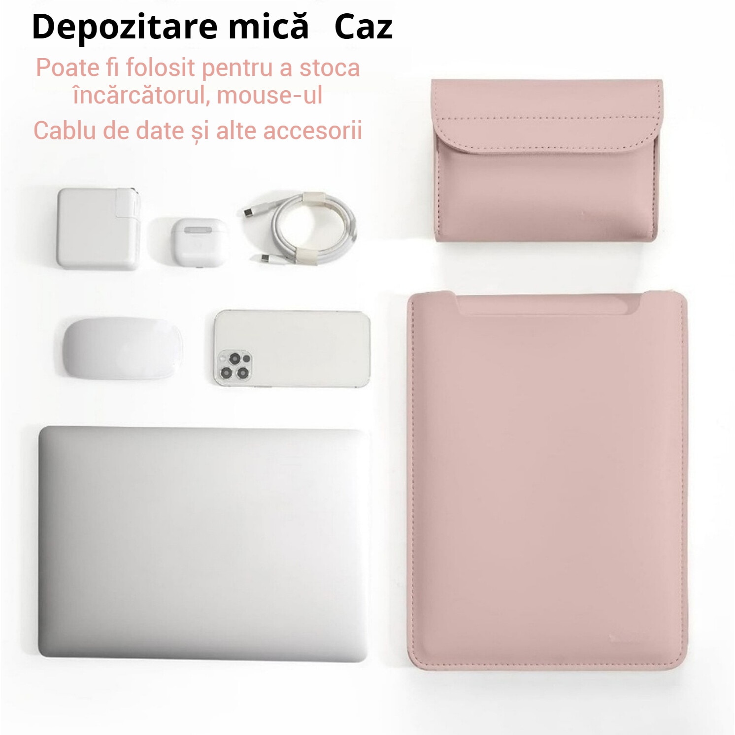 Husa pentru MacBook Pro/Air sau Laptop 13 Sleeve din piele PU premium cu mouse-pad inclus, Fudisenn®, 13.3/14 inchi, Cu geanta de depozitare pentru accesorii, Rezistenta la apa, 345*253mm, Roz