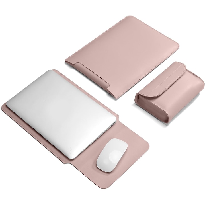 MacBook Pro/Air kompatibilis vagy Laptop 13 hüvelykes tok prémium PU bőrből, egérpaddal, Fudisenn®, 13,3/14 hüvelyk, kiegészítő tárolótáska, vízálló, 345 * 253 mm, rózsaszín