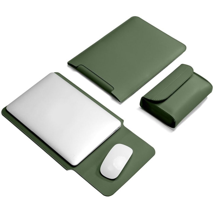 Husa pentru MacBook Pro/Air sau Laptop 13 Sleeve din piele PU premium cu mouse-pad inclus, Fudisenn®, 13.3/14 inchi, Cu geanta de depozitare pentru accesorii, Rezistenta la apa, 345*253mm, Verde