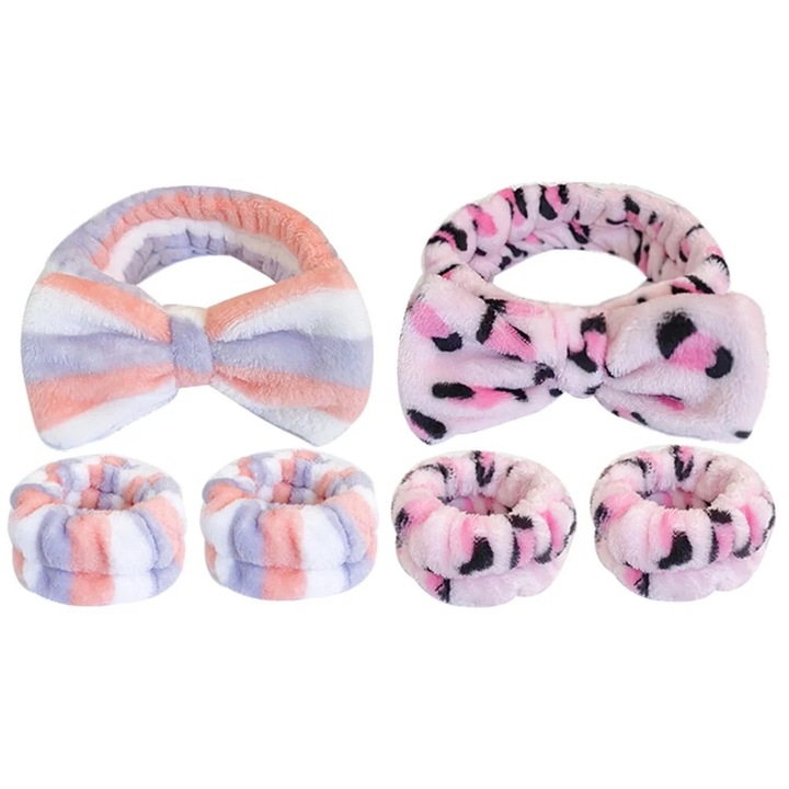 Set 2 Accesorii Machiaj, Bentita si Bratari pentru Spalarea Fetei, Design cu Fundita, Multicolor, 19.50x5.50x3.00cm, 10.00x5.50x3.00cm