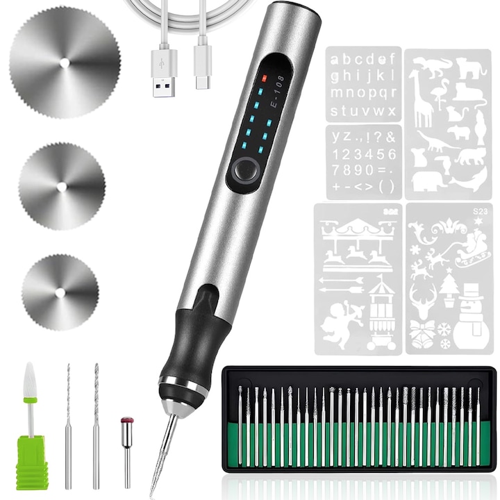 Многофункционална машина за гравиране и скулптуриране, Noonedibs, 3 нива на регулиране, 44 аксесоара, гравиране върху метал, стъкло, камък, дърво, USB акумулаторна, пробиване, полиране, рязане, сребро