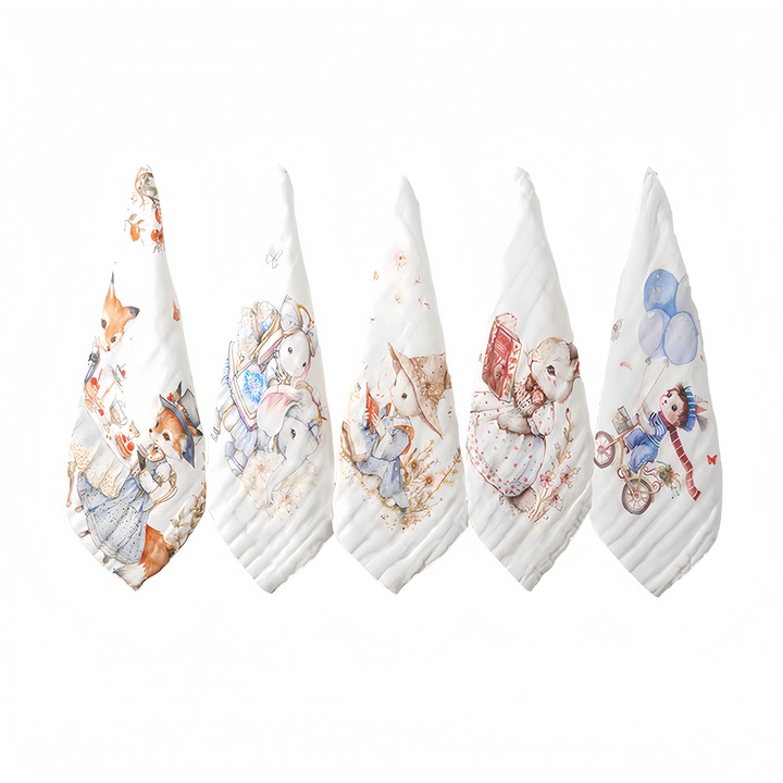 Set de 5 prosoape antibacteriene bebelusi, Love baby, 30x30cm, 6 straturi de bumbac, multicolor, 0-3 luni