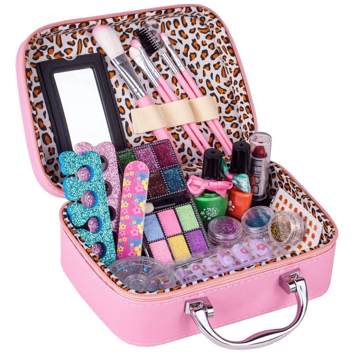 Trusa de machiaj pentru copii Malplay, cu lac de unghii, lampa uv, o paleta de machiaj cu 12 nuante in valiza cu oglinda 20 x 7.5 x 14 cm, pink