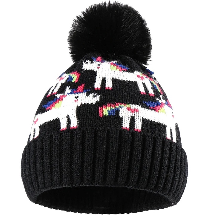 Caciula tricotata pentru copii, unicorn cu pompon, 0-3 ani, multicolor, 20x20x19cm