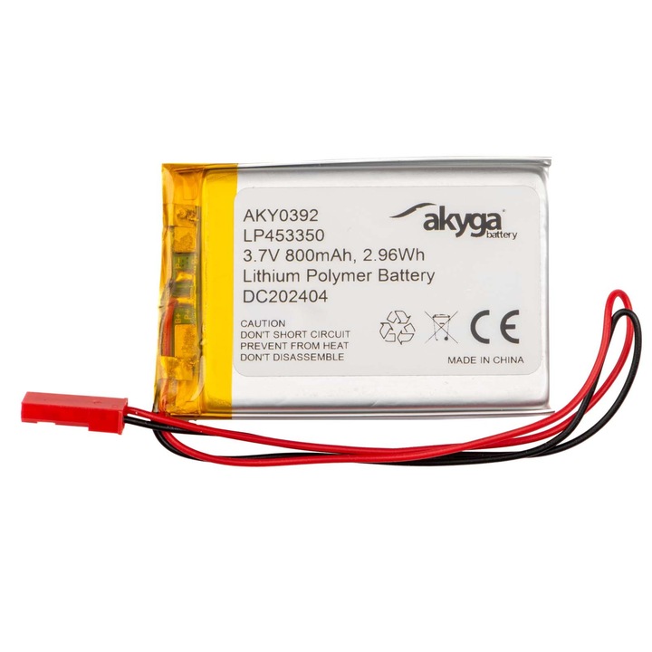Baterie Li-Po Akyga LP453350 3.7V 800mAh cu conector JST 2 pini 150mm