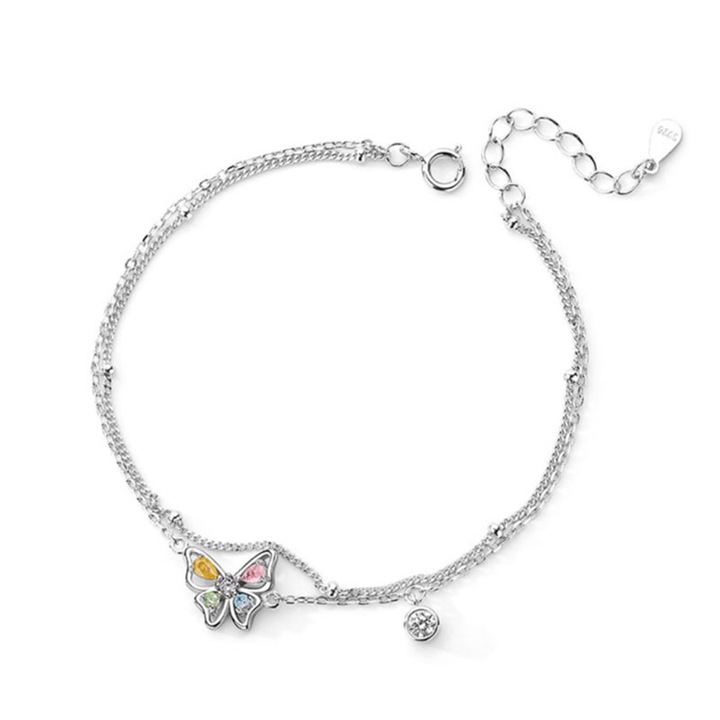 Bratara cu fluture din zirconiu colorat, TREXORA, design cu doua straturi, argintie, pentru femei