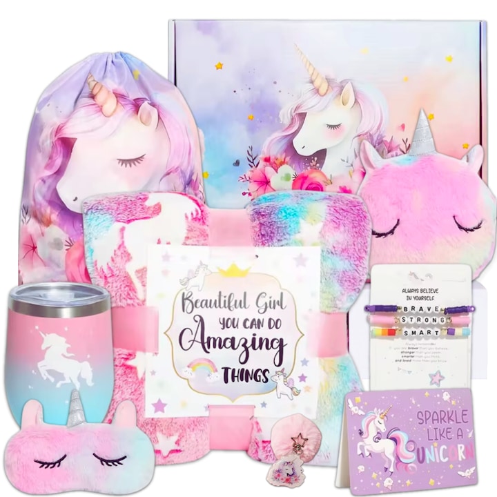 Set cadou fetite, 10 piese, Cadonique®, Patura fosforescenta unicorn, Cana termos, Geanta de umar, Masca dormit, Saculet tip rucsac, 3 bratari pentru copii, Breloc, Felicitare, Ambalate in cutie gata de daruit, pentru fete de 4, 5, 6, 7, 8 ani, Roz/mov