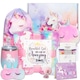 Set cadou fetite, 10 piese, Cadonique®, Patura fosforescenta unicorn, Cana termos, Geanta de umar, Masca dormit, Saculet tip rucsac, 3 bratari pentru copii, Breloc, Felicitare, Cutie draguta, Cadouri pentru fete de 4, 5, 6, 7, 8 ani de, Roz/mov