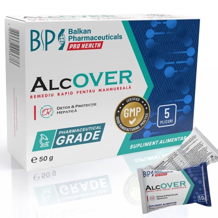 Alcover Supliment Detox pentru Mahmureala, 5 Plicuri, Protectie Ficat, Hidratare Rapida, Energie, Electroliti, Vitamina C, NAC, Recuperare dupa Alcool