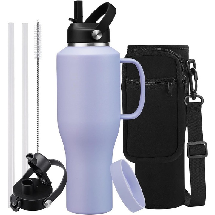 Termos cu maner si pai, Cana termos cu maner si pai, design gradient, pentru bauturi calde/reci, otel inoxidabil, set cu 8 accesorii, 1 L, violet