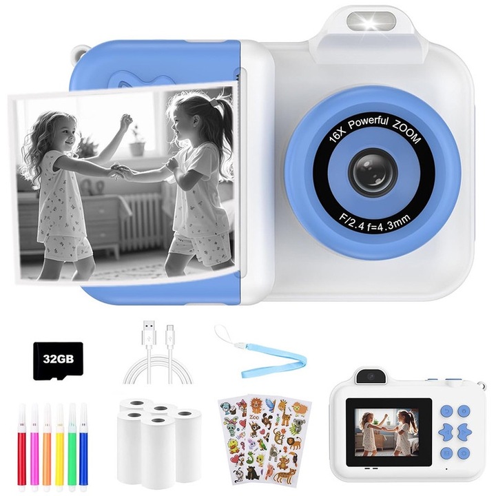 Камера за моментално заснемане за деца, 2.4" IPS, 1.95MP, 1080P, синя, комплект с 5 ролки хартия за печат, 6 цветни химикалки, 32GB TF карта