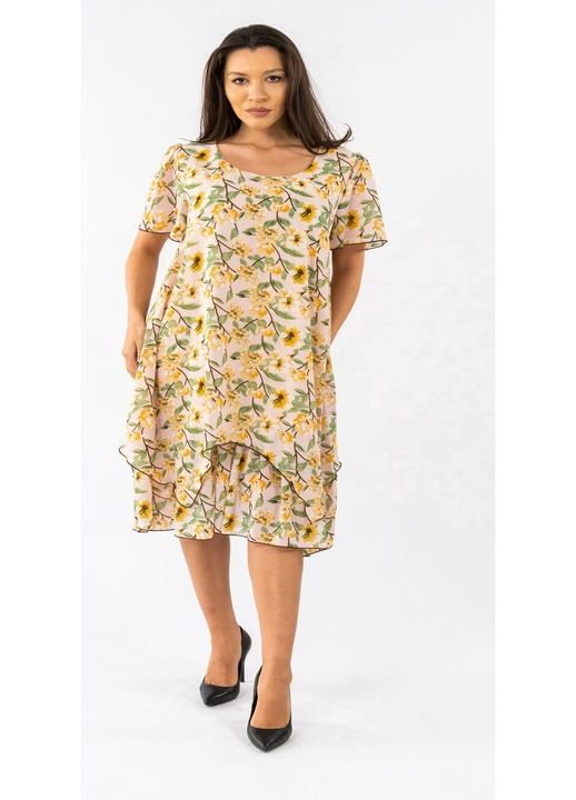 Кремава рокля с жълт флорален принт Bianca, Крем