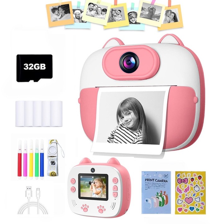 Детска камера, с функция за незабавно печатане, HD 1080P, батерия 1000 mAh, 2-инчов екран, карта памет 32GB, 5 ролки хартия, 5 цветни маркера, USB-C кабел в комплекта, розово/бял цвят