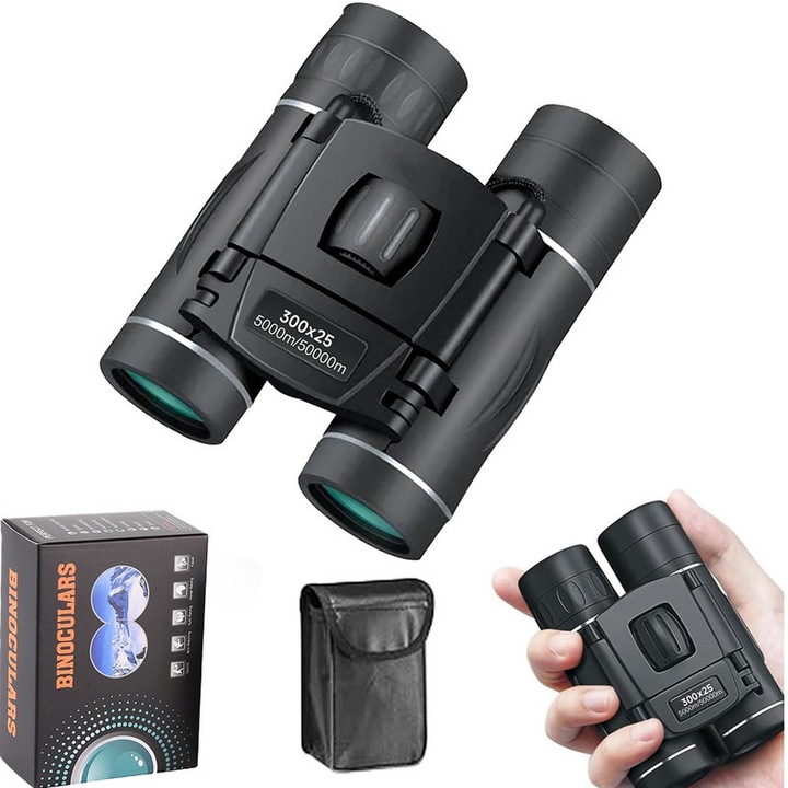 Компактен бинокъл 300x25, призма BAK4, висока фокусираща способност, водоустойчив, черен