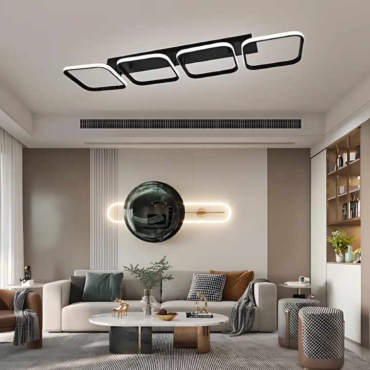 Promerco® LED полилей, модерен модел с 4 квадрата, 96W, включено дистанционно управление, димируемо осветление с 3 режима на светене: студено, топло, неутрално, алуминиев материал с матово покритие, черен, 90 x 20 x 9 cm