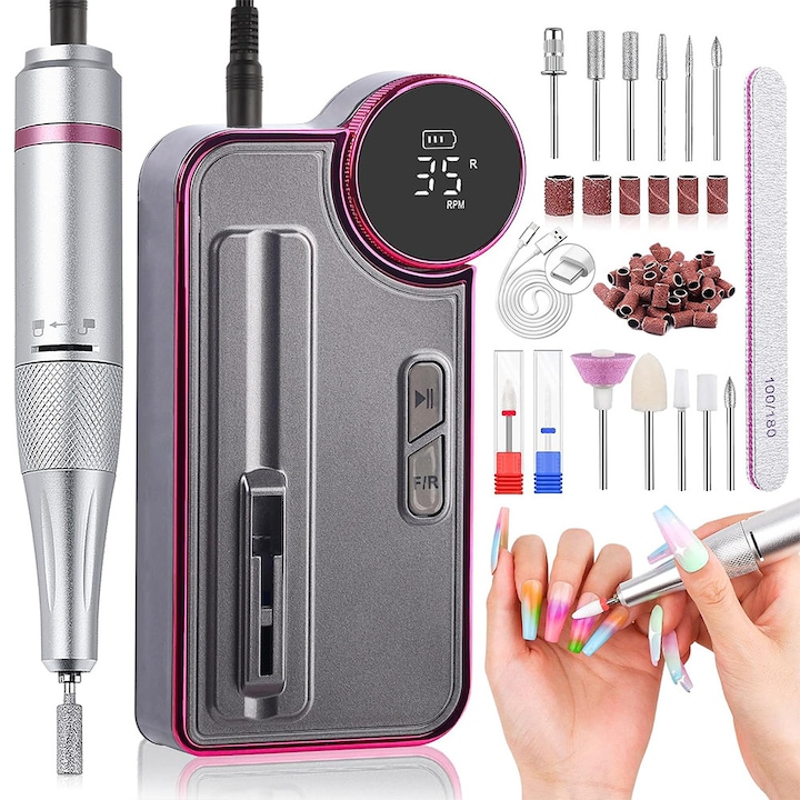 Професионална пила за нокти, безжична електрическа пила за маникюр-педикюр, акумулаторна, безжична, LED дисплей, 35000 оборота в минута, 13 глави за пила, 20 шлифовъчни ленти, ергономичен дизайн, сиво-лилава