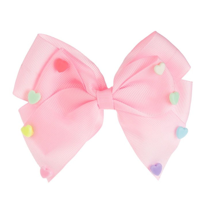 3D rózsaszín masni hajcsat színes szívecskékkel gyerekeknek 13cm