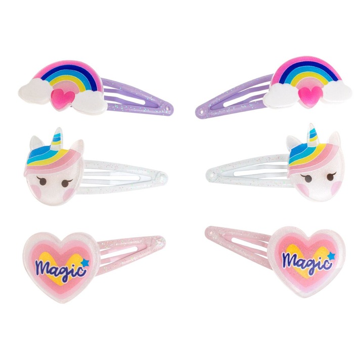 Clame Par Metalice Colorate Curcubeu Unicorn Inima pentru Copii 6cm - 6buc