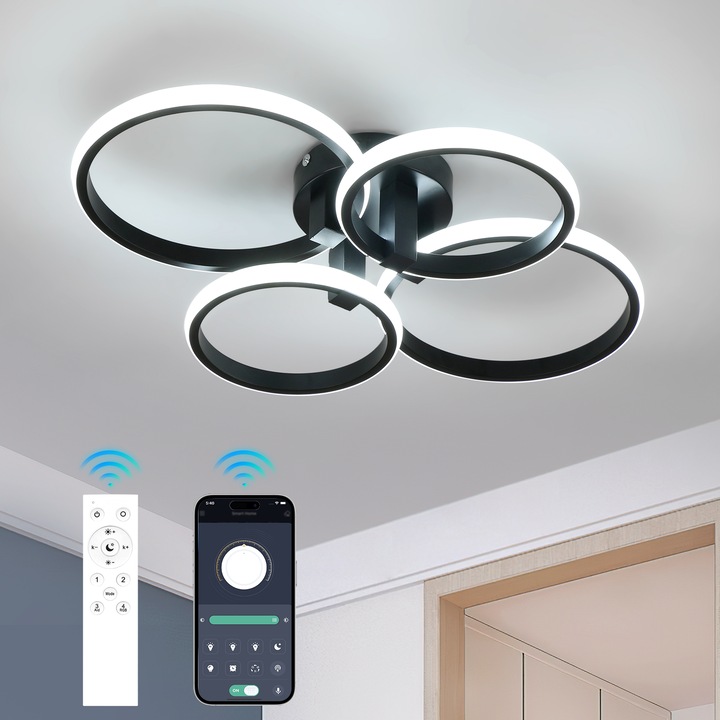 LED таванна лампа, Goeco, черна, регулируема 3000K-6500K, кръгла, 76 W, с дистанционно управление, подходяща за хол, спалня, кухня