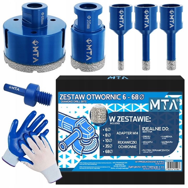 Set 5 carote diamantate 6–68 mm pentru gresie, faianta, ceramica si piatra, adaptor M14 inclus