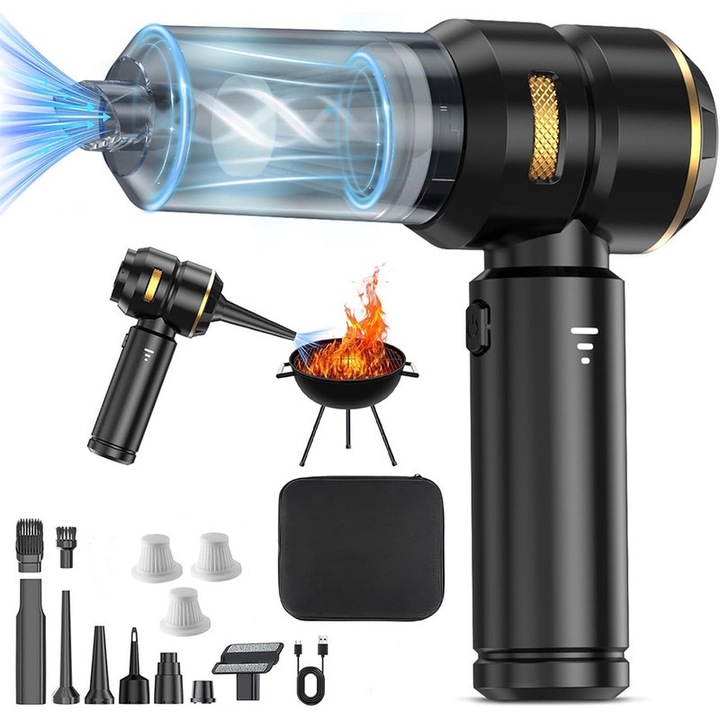 Aspirator Auto 4 In 1 Wireless Portabil, Putere 22000 Pa, Motor Brushless 100W 90000RPM, 3 Viteze, Baterie 6000mAh, Golire Automata Prafului, 3 Filtre HEPA Incluse, Pentru Masina Si Casa, Aspirare Uscata/Suflare/Vacuum pentru Casa si Masina, Negru