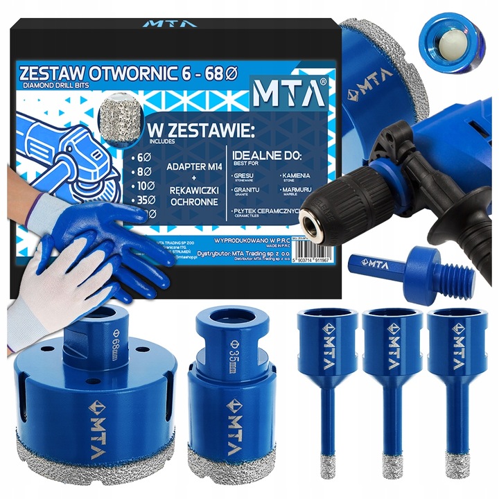 Set burghie diamantate MTA pentru gresie M14, 6x8x10x35x68mm, cu adaptor