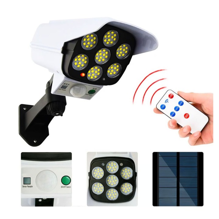 Lampa cu incarcare solara, tip camera falsa, senzor de miscare, telecomanda, rotire 360°, Alb, Nextfarma®