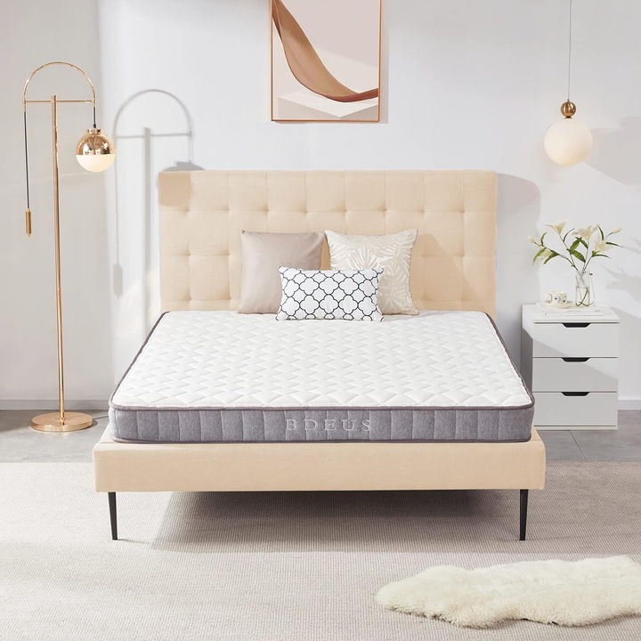 Матрак, плетен, огнеупорен, с вътрешни пружини, BDEUS, W16, 90x200x17 см, хибриден, бял, средна твърдост