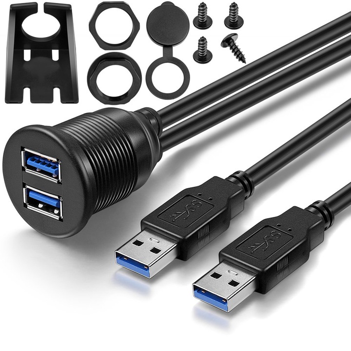 Kettős USB 3.0 2 portos dugasz-USB 3.0 anya hosszabbító kábel, PsAyl, süllyeszthető panellel, kompatibilis autók, teherautók, csónakok és motorok műszerfalaival, 1 m