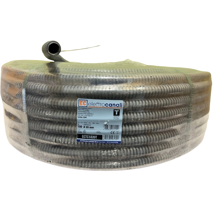 Tub Copex, Retro Electrica®, ELETTROCANALI, Ø20mm 100m, Tub Copex PVC Cu Sonda Pentru Tragere Cablu, Tub Copex Ignifug Rezistent La Frig -25°C, Rezistenta Compresie 750N Pentru Protectie Cabluri Instalatii Electrice, Tub Protectie Cablu, Gri