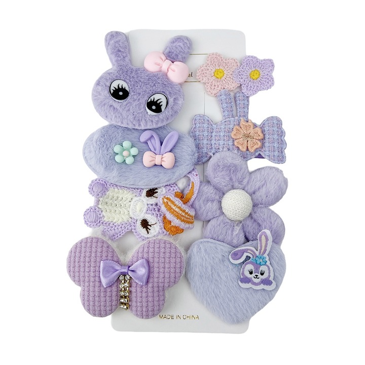 Set 8 clame de par pentru copii, tip cleme in diferite modele si culori, agrafe de par pentru fetite, moale, Mov