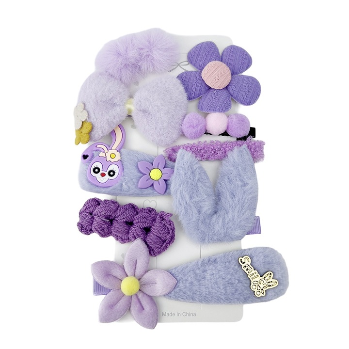 Set 10 clame de par pentru copii, tip cleme in diferite modele si culori, agrafe de par pentru fetite, moale, fluture, Mov