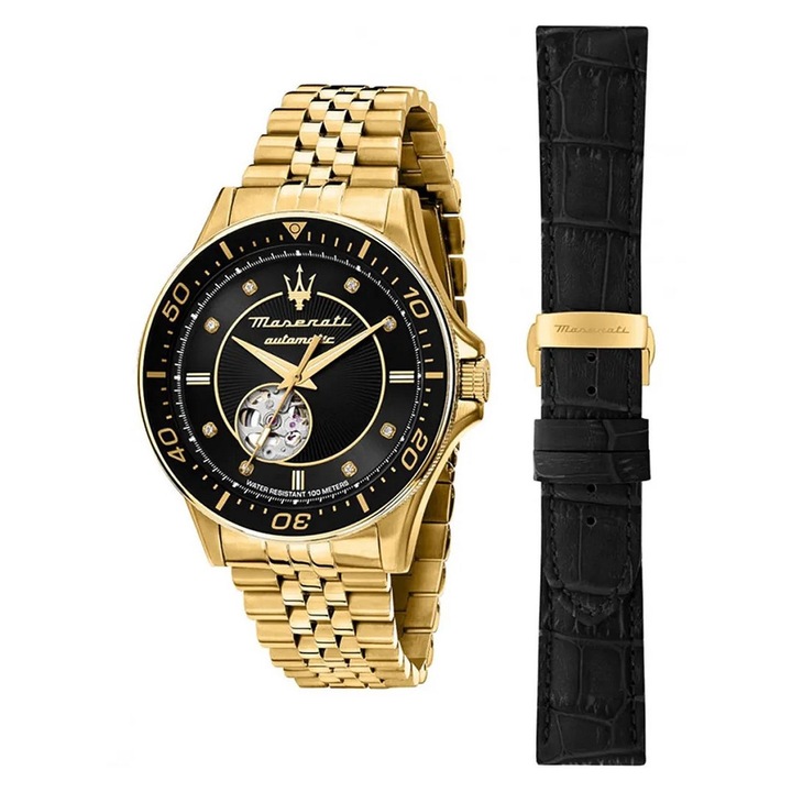 Часовник Maserati Sfida Open Heart Автоматичен, Черен/Златист, 10 ATM, с черна кожена каишка за смяна