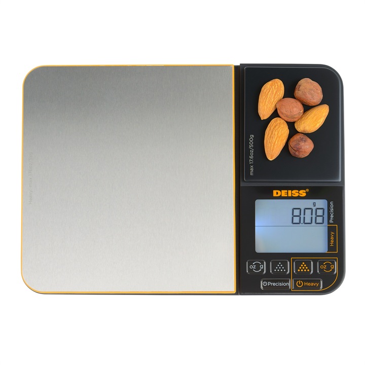 Кухненска везна, Deiss PRO, с две платформи, електронна, LCD дисплей, функция тара, 5кг, 0.01г, везна за храна в грамове и унции, Неръждаема стомана