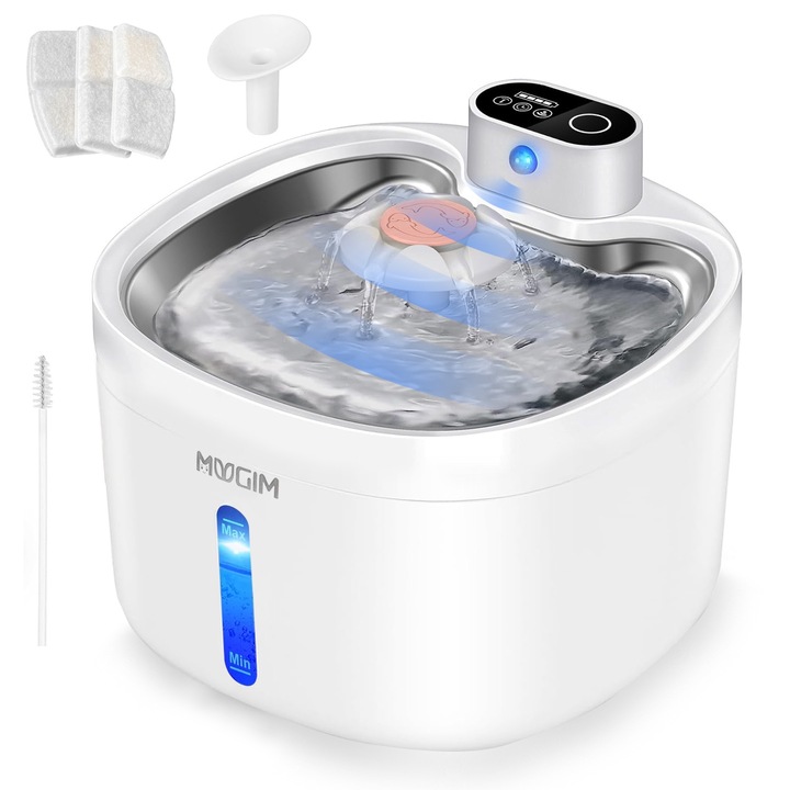 Dispenser Apa Automat MUGIM Pentru Caini si Pisici, Fara fir, Senzor miscare, Rezervor Inox, Tip a intoarce Fantana, cu 3 Filtrus, Alb/Argintiu