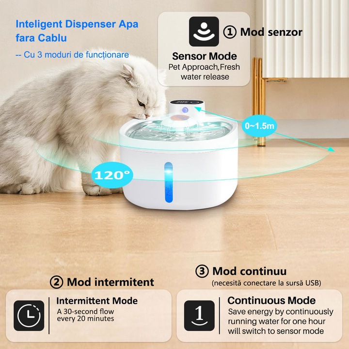 MUGIM Automata Vízadagoló Kutyáknak és Macskáknak, Vezeték Nélküli, Mozgásérzékelős, Rozsdamentes Acél Tartály, Felhajtható Szökőkút, 3 Szűrővel, Fehér/Ezüst
