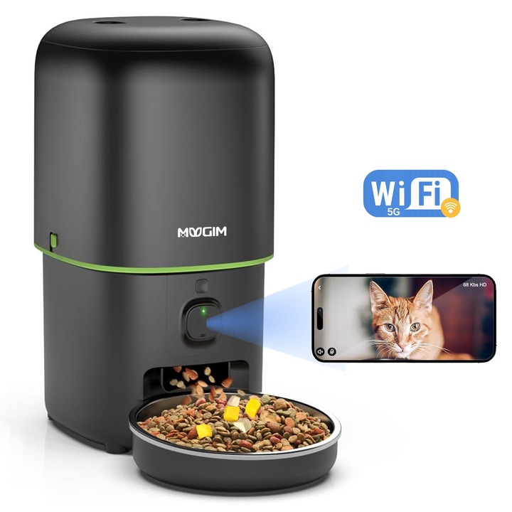 Автоматична хранилка MUGIM за кучета и котки, 5G WiFi управление чрез приложение, HD 1080 видео с нощно виждане, приложение за телефон, контрол на порциите, интелигентно програмиране, капацитет 4 л, купа от неръждаема стомана, черно/зелено