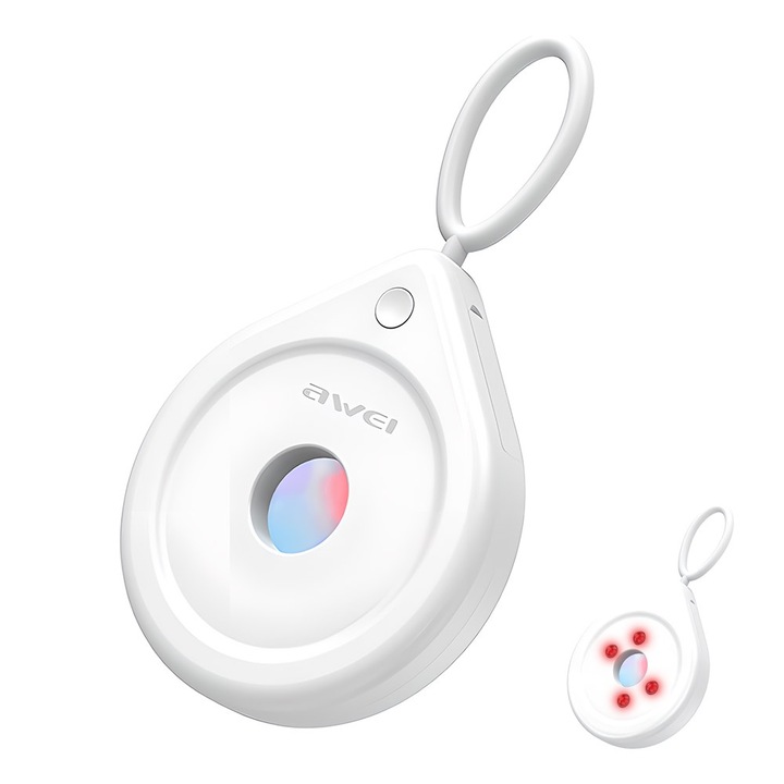 Detector aparate spionaj, Detecteaza camere ascunse, Lentila Si Lampa Cu Laser LED IR, Protejeaza intimitatea, Dimensiuni reduse, Compact, Autonomie 6 luni, 5m raza de detectie, Alb