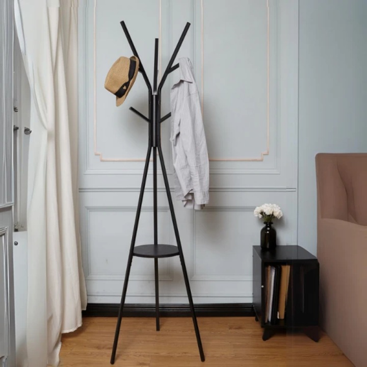 Ruhafogas, 9 akasztóval, fa tartóval a tartozékokhoz, szénacélból, mérete 180 x 45 cm, fekete