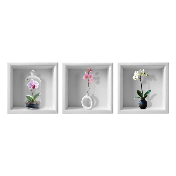 Set 3 buc Autocolant PVC decorativ de perete, Orhidee, efect 3D, 30x30 cm