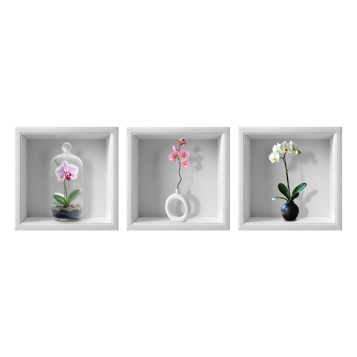 Set 3 buc Autocolant PVC decorativ de perete, Orhidee, efect 3D, 30x30 cm