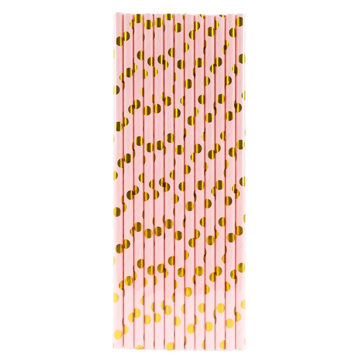 Комплект от 10 сламки, Flippy, хартия, 19,5 см, златни шарки на точки, розови