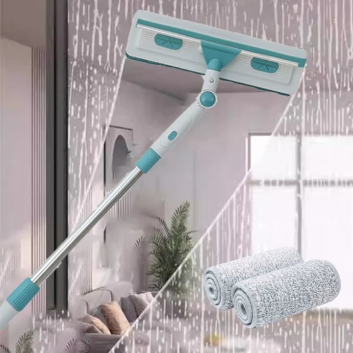Stergator pentru geamuri cu 2 lavete microfibra, rotativ 180°, maner telescopic reglabil, dimensiuni 1-1.7m x 0.3m, din metal si ABS, gri/verde