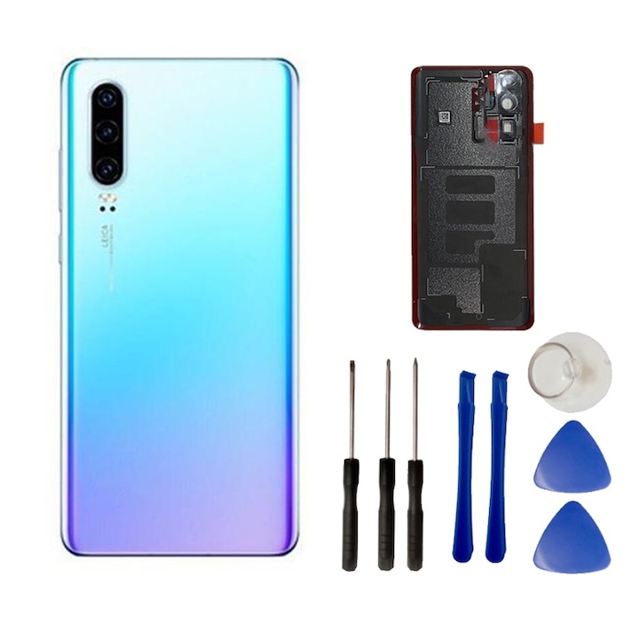 Capac spate sticla compatibil Huawei P30 Pro，Fudisenn®，Coperta spate originala, nou-nouta, cu instrumente auxiliare，Design cu margini curbate 3D，Senzatie neteda，Albastru deschis，16×6cm