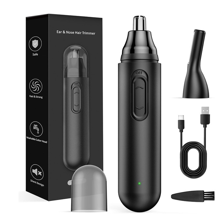 Aparat de tuns pentru nas si urechi, BOMSTOM, USB reincarcabil, waterproof IPX7, 126x25mm, negru