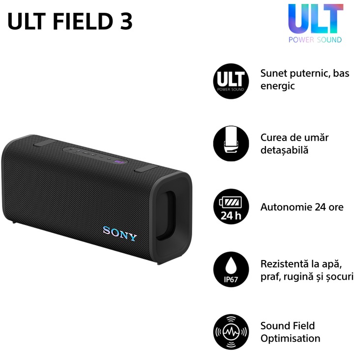 Boxa portabila Sony ULT FIELD 3 SRS-ULT30B, Bluetooth 5.2, ULT Power Sound, Autonomie 24 ore, Rezistenta la apa IP67, Negru
